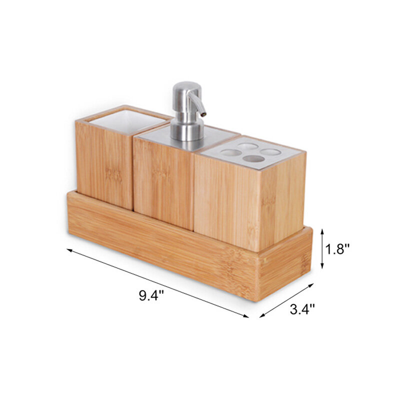 GOALONE 4Pcs Bamboo Bathroom Accessories Set Wood Pump Soap Dispenser Toothbrush Holder Storage with Tray Holder Home Decoration