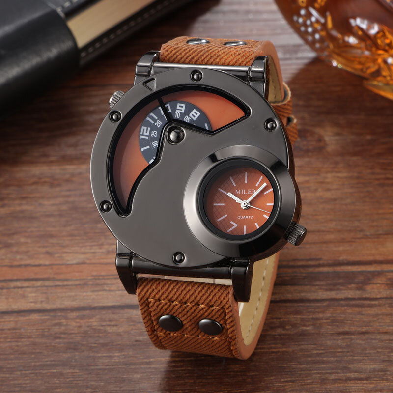 Relogio Masculino 2019 mężczyźni sport zegarki MILER zegarki 2 strefa czasowa niebieski materiał skórzany pasek zegarki kwarcowe męskie zegarki