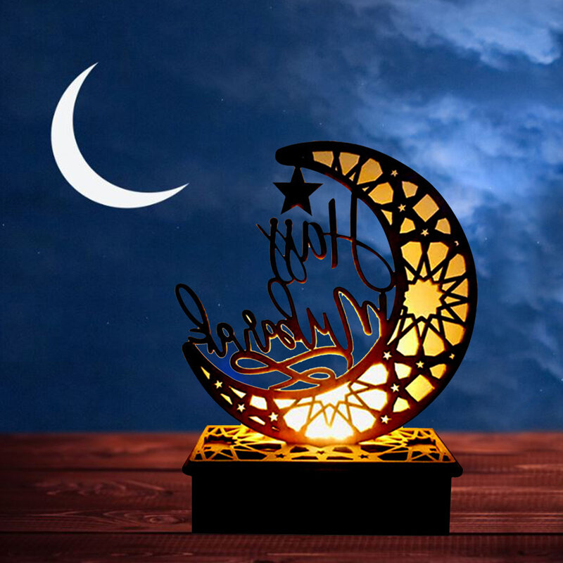 Decoración de Ramadán DIY Eid Mubarak LED de madera, adorno Eid, luz nocturna decorativa de vacaciones sin batería