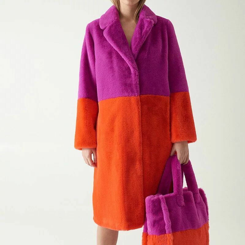 Jaket Bulu Halus Palsu Musim Dingin Ukuran Plus S- 5XL Warna Kontras Mantel Bulu Palsu untuk Wanita Mantel Hangat Tebal Panjang
