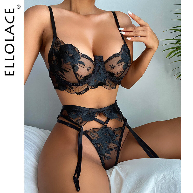 Ellolace Lingerie Transparan Seksi 3-Piece Kostum Erotis Renda Sensual Tembus Pandang Barang Intim Panas Set Porno Banci