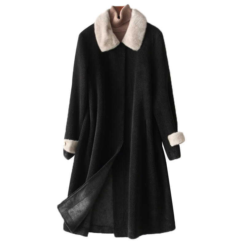 Abrigo de lana con cuello de piel de visón para mujer, chaqueta de Cachemira elegante, ropa de calle recta, media, larga, Otoño e Invierno