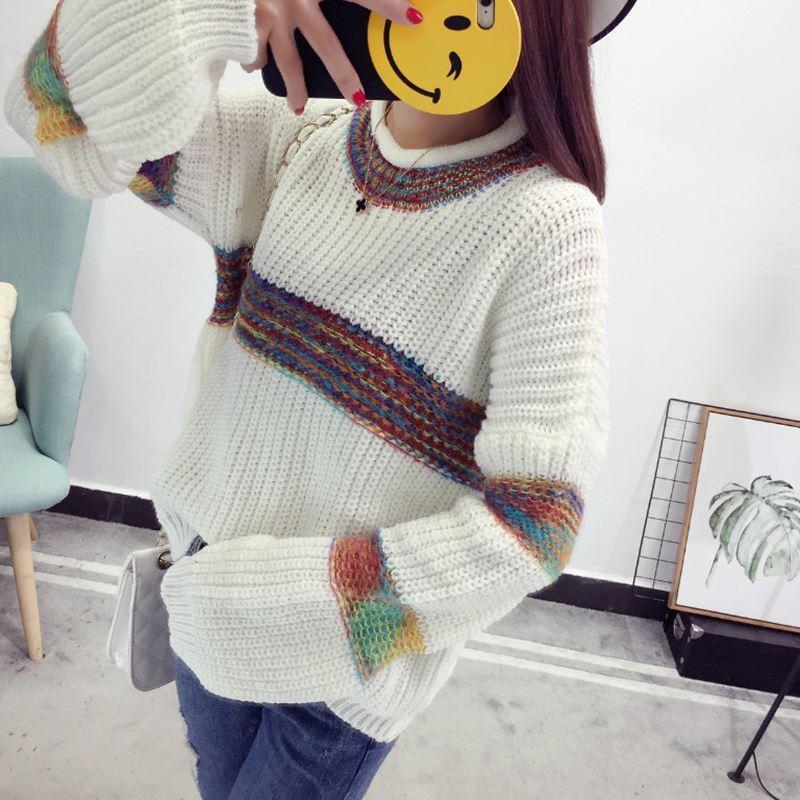 Jesień/zima 2020 stripe kontrast pulower z okrągłym dekoltem ocieplany sweter żeński leniwy, luźny cienki sweter fashion