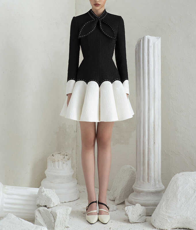 Sartoria abito nero nero bianco gonfio femminile abito di lusso leggero abiti semi-formali abito da principessa abito bianco nero