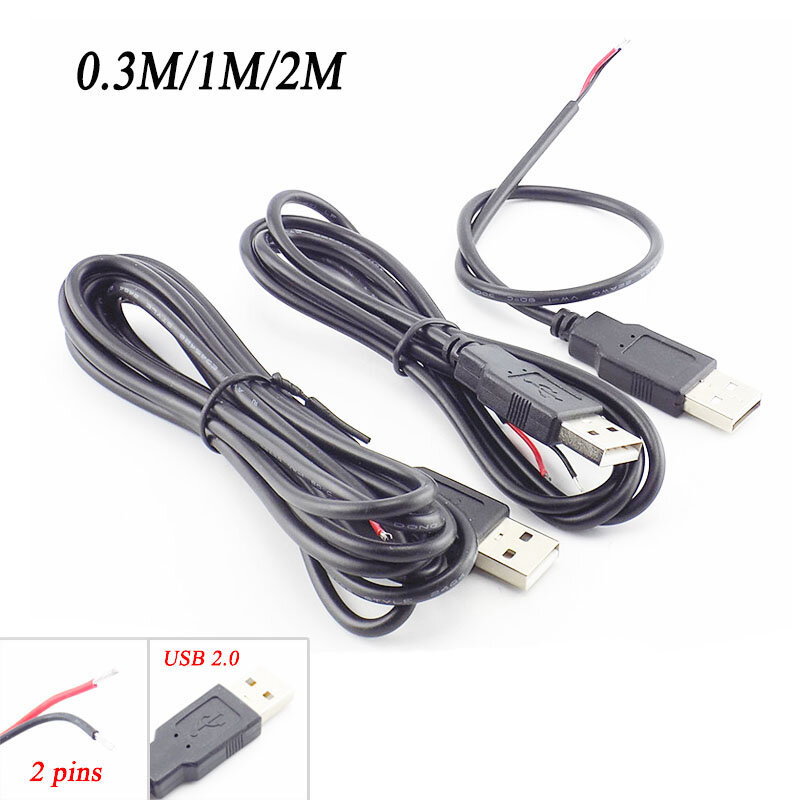 Cable de extensión de carga de energía, conector USB 2,0 de 5V, 2 pines, macho, 0,3 m/1m/2m