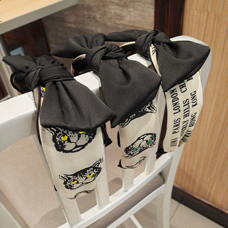 Новые аксессуары для волос в Корейском стиле, лента на голову кошки с надписью, кружевная сетчатая пряжа, Женский ободок с широким боковым бантом