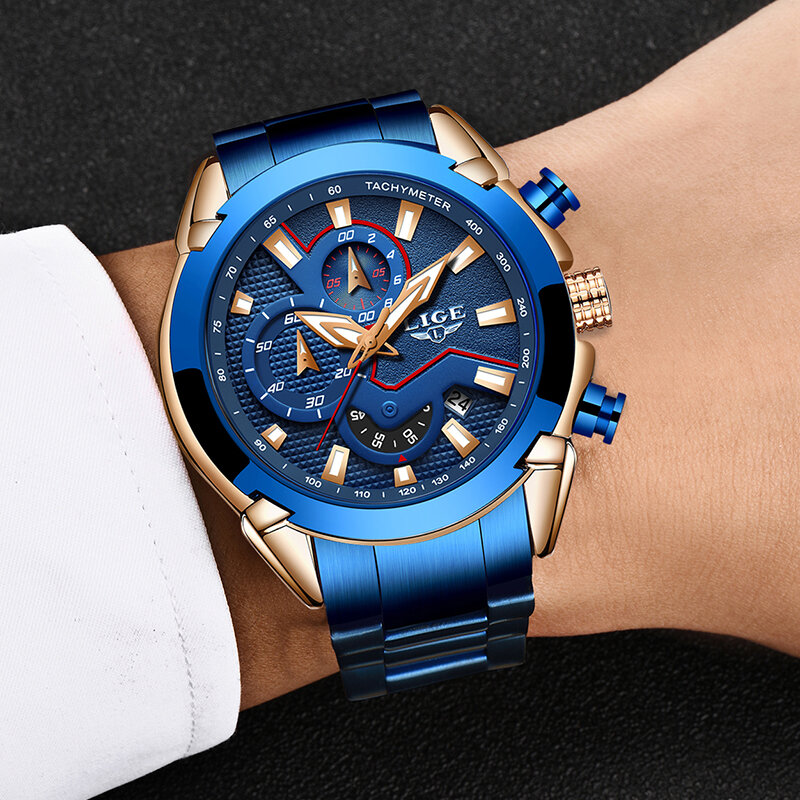LIGE Men Watches Stainless Steel Band Quartz Wristwatch Military Chronograph Clock Male Fashion Sport Watch Waterproof Watch Men