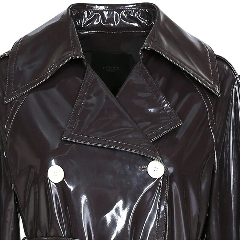 Nerazzurri Длинный непромокаемый черный лакированный кожаный плащ для женщин 2020 двубортный переливчатый кожаный тренч женский 4xl 5xl 6xl 7xl пальто женское оверсайз весна с рукавом реглан с длинным рукавом мода 2020
