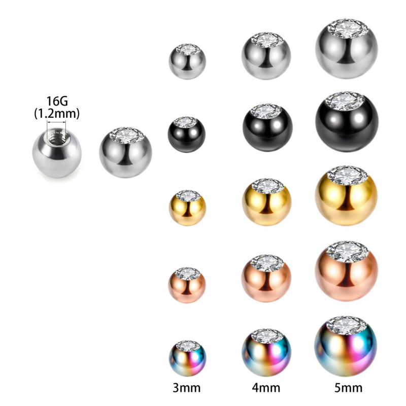 Bolas de repuesto con gema de circonia cúbica, accesorios de perforación de barra de Barra Labret, 16g (1,2mm), joyería corporal de acero inoxidable para manualidades, 10 Uds.