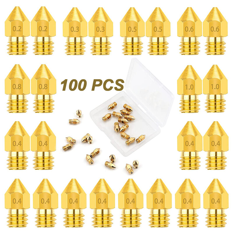 100 PCs 0.4MM Brass 3D Printer Nozzles for MK8 Extruder Nozzle Extruder Print Head 1.75mm for 3D Printer Anet A8 MK8 CR-10 Ender