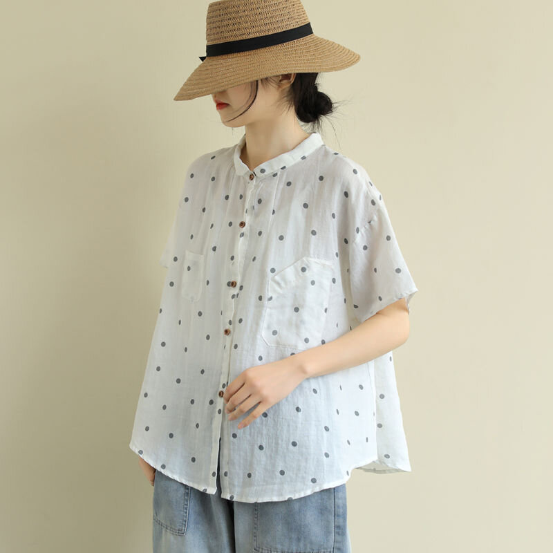 2020 Zomer Nieuwe Arts Stijl Vrouwen Korte Mouw Losse Polka Dot Shirts Alle-Matched Casual Turn-Down Kraag vintage Blouses S891