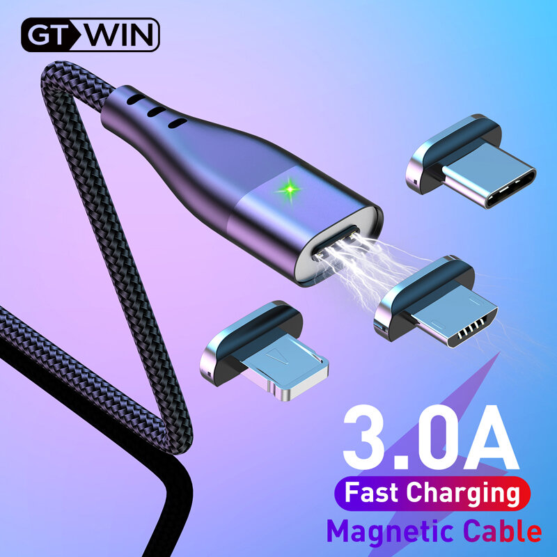 GTWIN 3A magnetyczny kabel USB do ładowarki iphone'a magnes do ładowania drutu typu C szybkie ładowanie do kabla Xiaomi Samsung Micro USB
