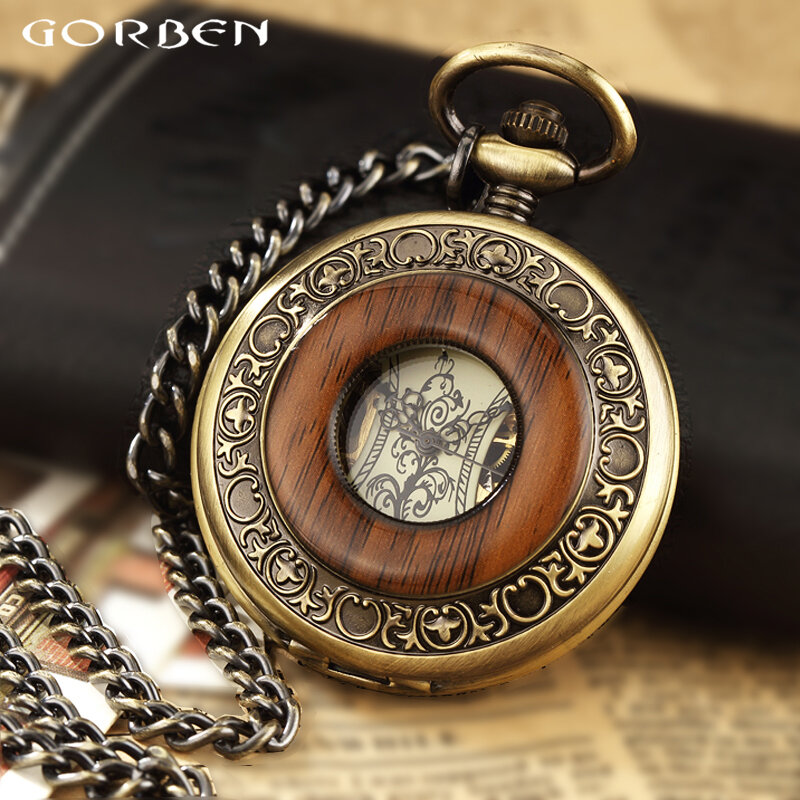 Reloj de bolsillo mecánico de madera maciza para hombres y mujeres, cadena FOB, medallón, Dial, hueco, esqueleto Steampunk, reloj masculino, paquete de caja