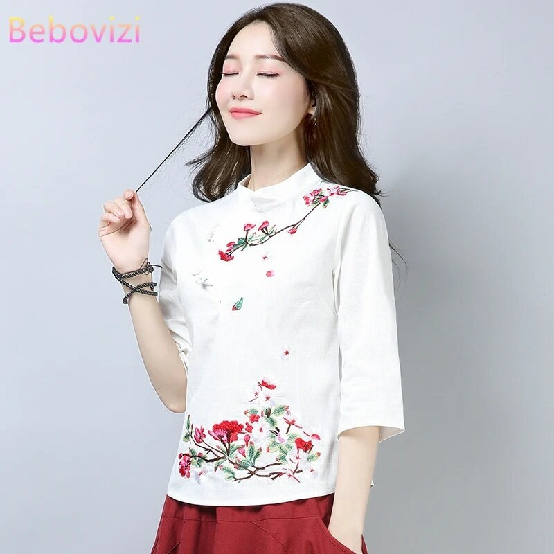Qipao-Camisa de lino y algodón estilo chino para mujer, blusa tradicional holgada Retro con bordado Hanfu, color azul y blanco, para verano