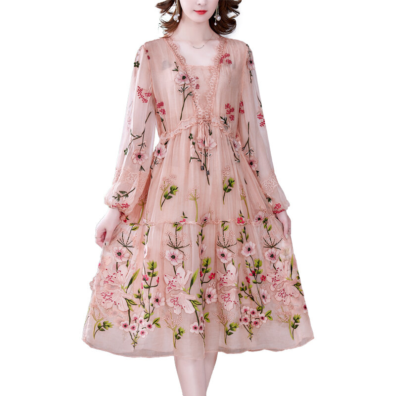Zuoman-女性のフレアスリーブサマードレス,花の刺繍が施されたエレガントな透かし彫りのミディドレス,新しい2021ファッション