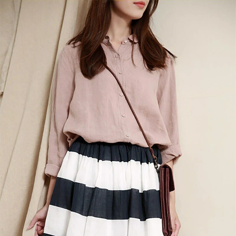 Blusa holgada informal de lino y algodón para mujer, camisa de manga larga, ropa coreana, primavera y otoño, S377