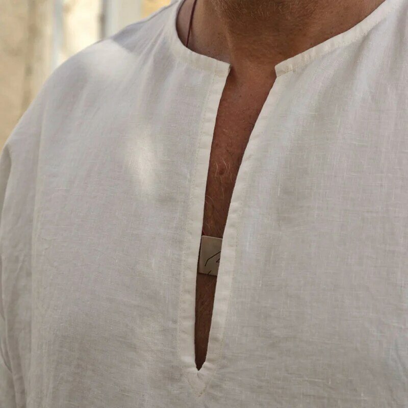 Jubba Thobe – caftan arabe pour hommes, en lin et coton, couleur unie, manches courtes, à capuche, Robes musulmanes, dubaï, moyen-orient, vêtements Abaya pour hommes