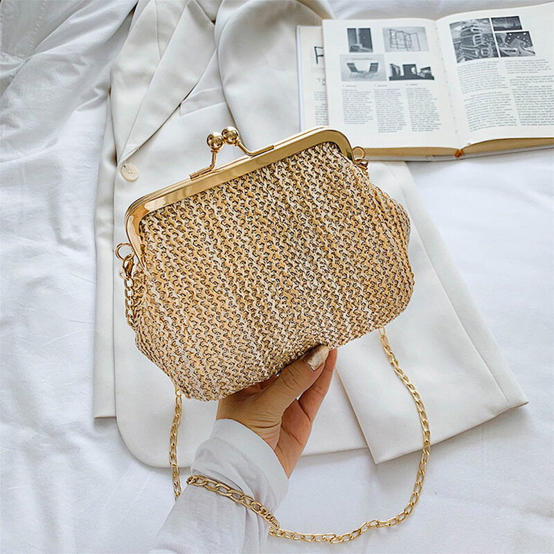 Bolsa de ombro pequena de palha em rattan, bolsa de mão feminina vintage tecida na moda de verão tipo carteiro para meninas, bolsa de praia