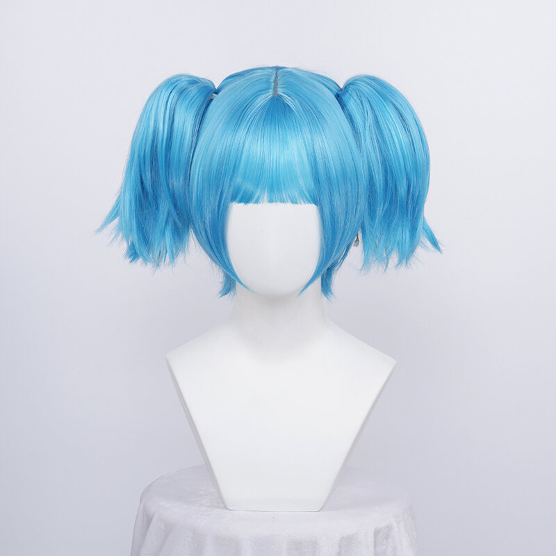 Sally Face Sallyface Sally Cosplay Wig Short Blue Heat Resistant Synthetic Hair Clip Ponytails Wigs + Wig Cap