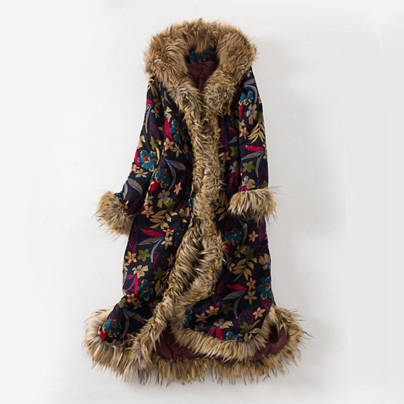 Estilo étnico casaco de inverno gola de pele longa poeira casaco blusão algodão linho do vintage algodão acolchoado roupas jaqueta feminina f1859