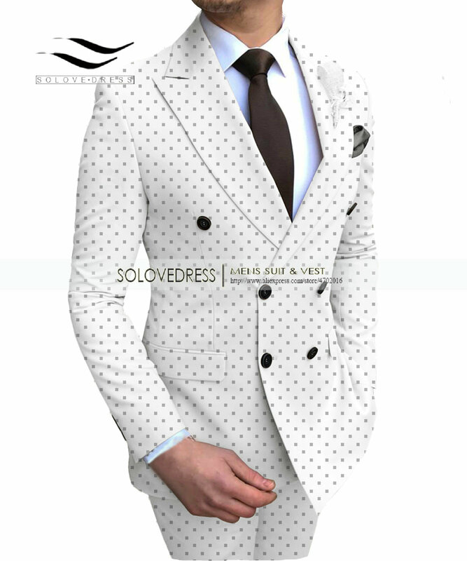 Männer 2 Stück Poika dot Bussiness Anzug Zweireiher Regelmäßige Fit Kerbe Revers Prom Smoking Für Hochzeit/Party (Blazer + Hosen)-2