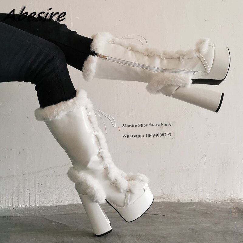 Abesire Sepatu Bot Putih Pertengahan Betis Renda Dekorasi Bulu Platform Ritsleting Kulit Hak Tinggi Pertengahan Betis Baru Musim Gugur Musim Dingin Sepatu Wanita Ukuran Besar