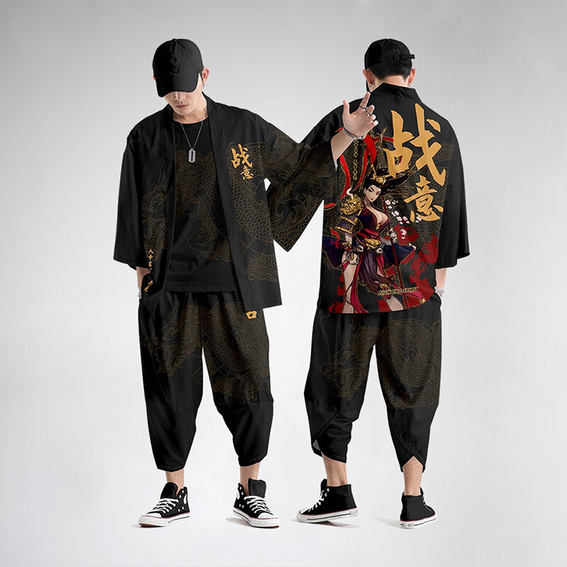 Conjunto de calças kimono haori, estilo japonês, clássico, para homens, estilo harajuku, casaco samurai