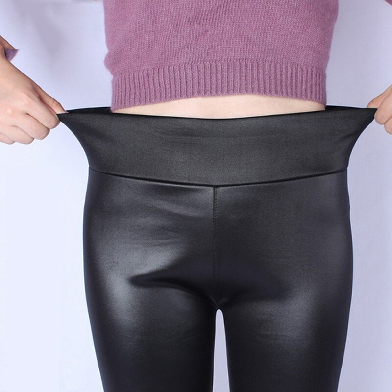Pantalones de lápiz de cintura alta XL-5XL de talla grande para mujer, pantalones largos de piel sintética de PU, pantalones ajustados elásticos sexis informales