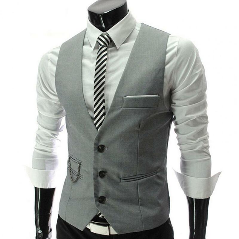 Chaleco Formal sin mangas con bolsillos para hombre, traje de un solo pecho, Color sólido, ropa de negocios para boda, 2021