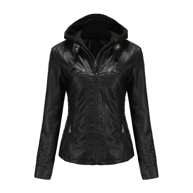 Autumn Winter Women Leather Jacket Hooded Removable PU Leather Jackets Motorcycle Long Sleeve Zipper Coat Black Outerwear XS-7XL