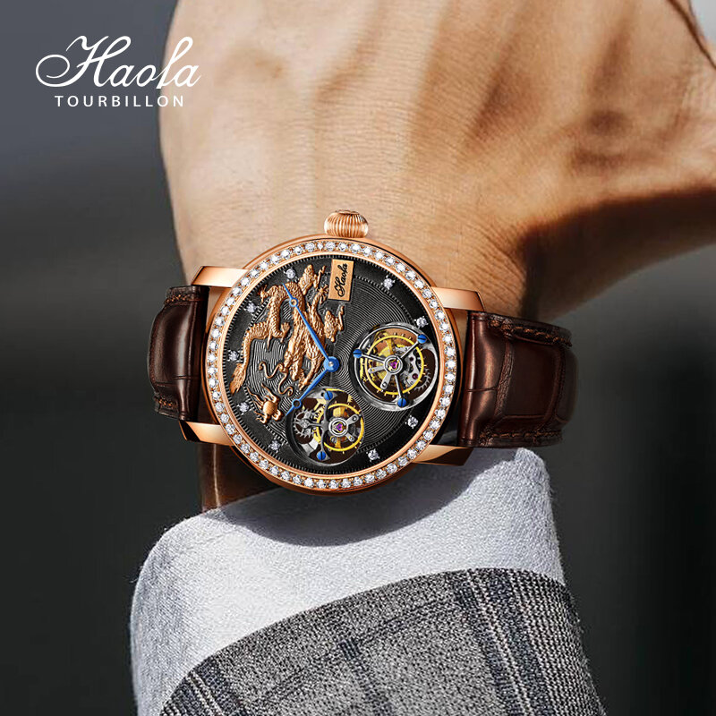 HAOFA Jam Tangan Mewah Kerangka Pergerakan Ganda Emas 18K Jam Tangan Pria Mekanis Manual Berlian Mawar untuk Pria Safir K002