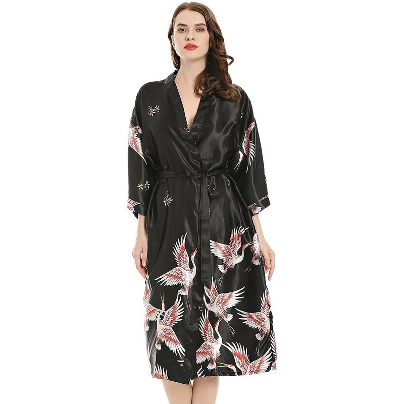 Roupão de cetim feminino, longo, estilo kimono, preto, verão, roupa de dormir, para noivas, damas de honra, sexy