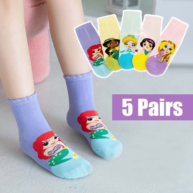 Calcetines de algodón de dibujos animados de Disney para niña, calcetines de sirena de Blancanieves para niños, calcetines divertidos de princesa linda, 1 a 12 años, 5 pares