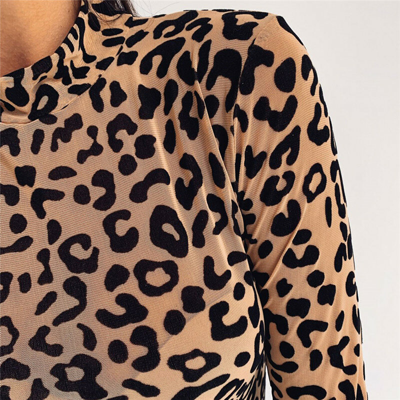 Женская осенне-зимняя футболка с леопардовым принтом, базовая футболка, Элегантная футболка с длинным рукавом и воротником-стойкой, женска...