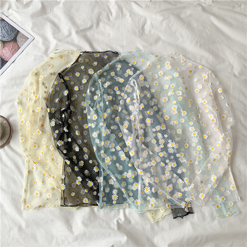 بلوزة صيفية غير رسمية مطبوعة بنقشة زهور الأقحوان ، قميص شبكي شفاف للنساء ، الخريف