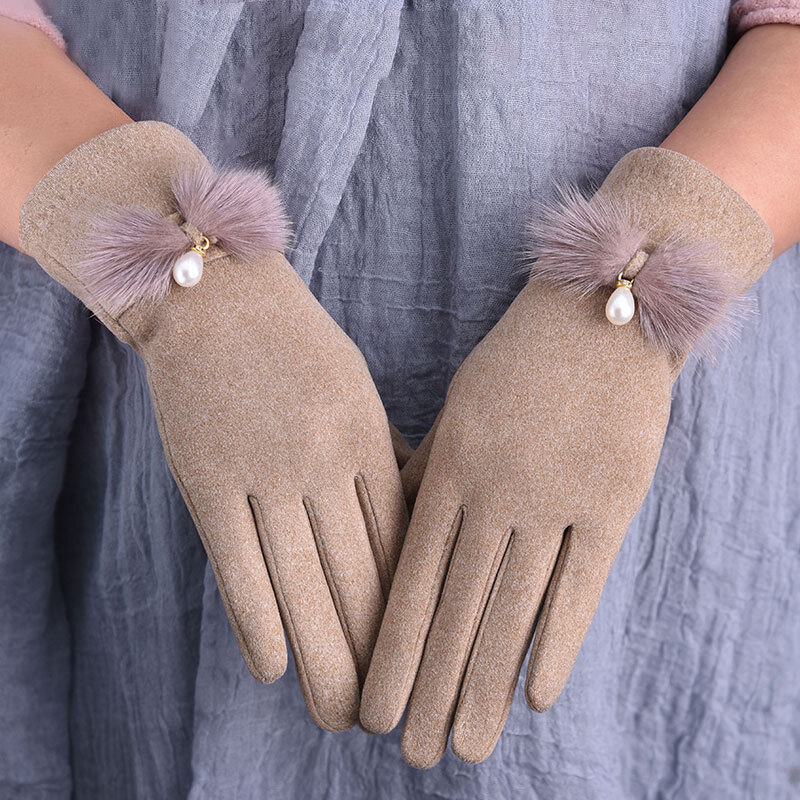 Зимние женские милые Элегантные Перчатки с украшением из жемчуга, сохраняющие тепло, для сенсорных экранов, с бархатной подкладкой, утолщенные ветрозащитные велосипедные перчатки
