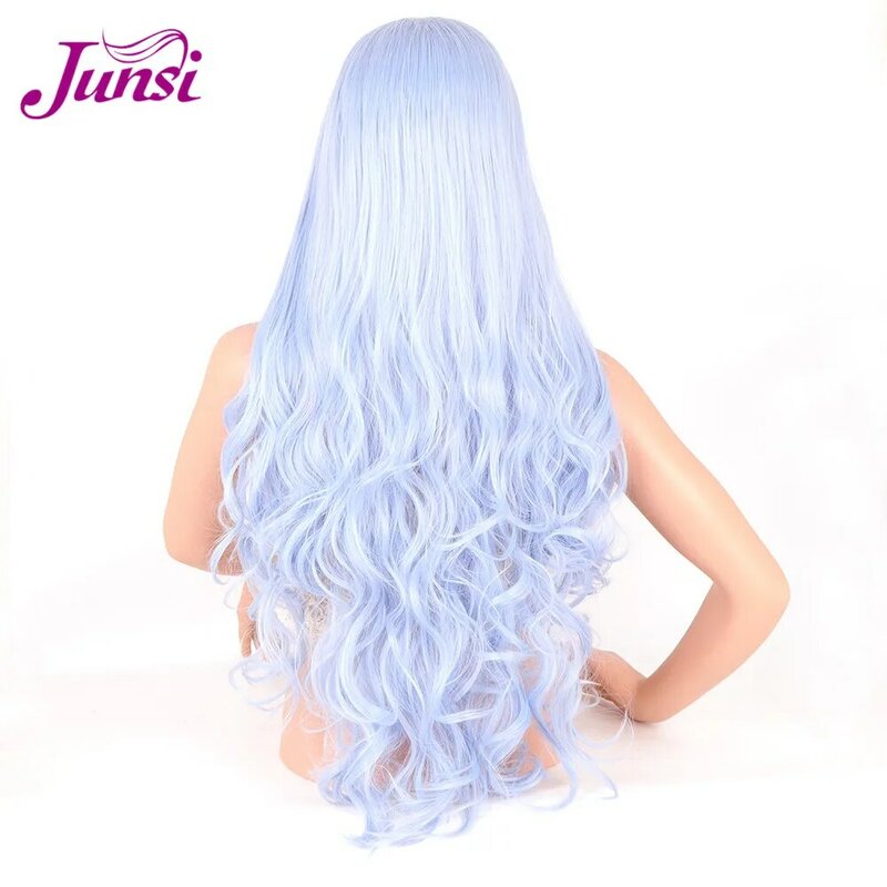 JUNSI pelucas largo ondulado Rubio Biue y peluca sintética con ondas púrpura para mujeres parte media Natural pelo resistente al calor