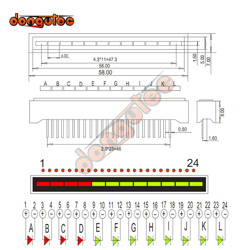 Barra gráfica de 12 segmentos, barógrafo de 12 segmentos, 4 barras de luz de color rojo y 8 verde, gráfico de números, módulo de señales LED, pantalla