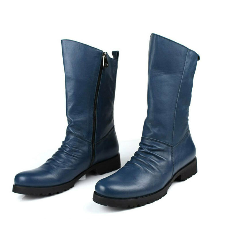 أحذية بوت شتوية للرجال طراز 2023 أحذية بوت عسكرية متوسطة الساق أزرق أسود جلد أصلي أحذية فارس أحذية سلامة للرجال مواكبة للموضة