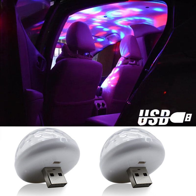 Mini éclairage intérieur de voiture à LED, lumières DJ colorées, lampe de boîte de nuit, vacances, fête, escales USB, 2 pièces
