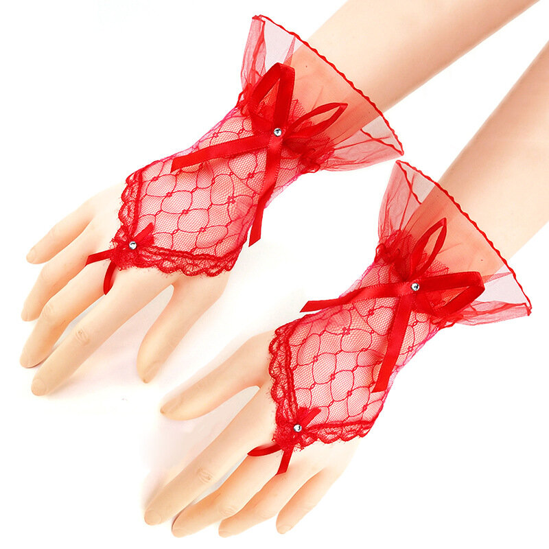 Ladies Bow Sleeves Short Arm Sleeves Lace Wrist Cuffs Bracelets Women Solid Color Gloves Net Yarn Lace Gloves Accessories