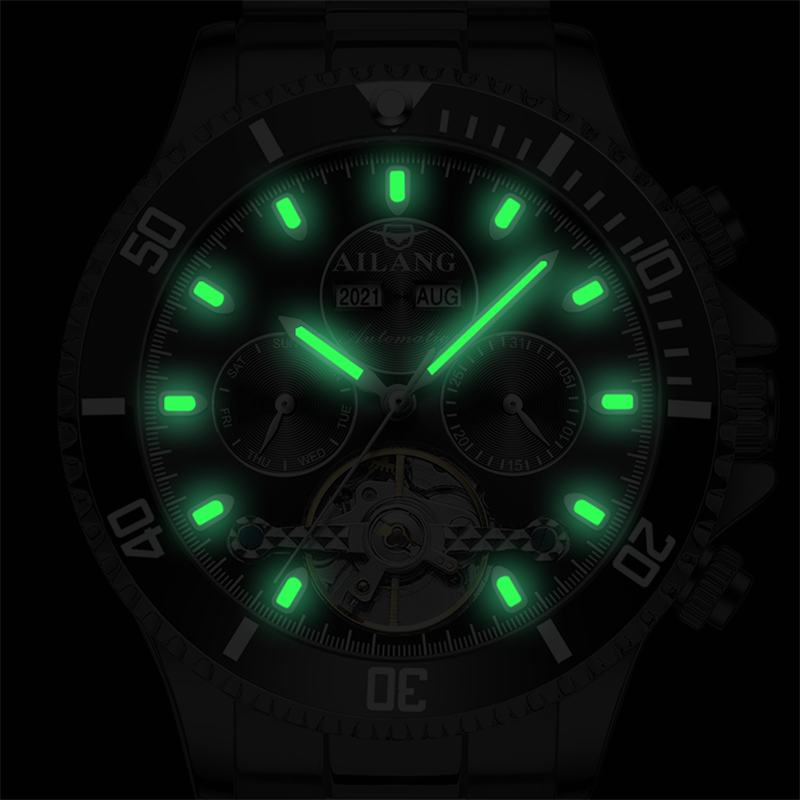 Ailang genuíno multi-função relógio masculino oco relógio mecânico automático luminoso à prova dtide água maré marca relógio masculino