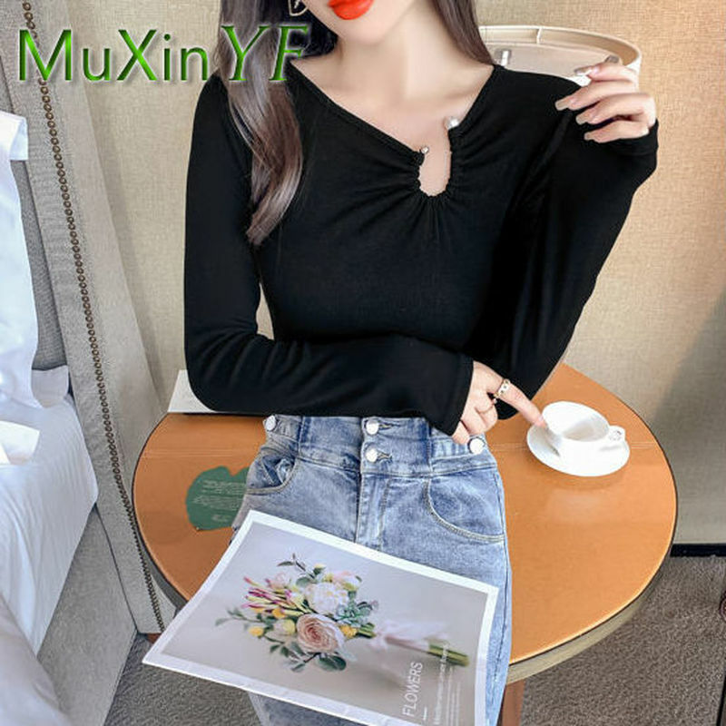 Maglione da donna autunno 2021 nuovo Pullover nero a maniche lunghe Slim moda coreana inverno camicia a fondo caldo Top abbigliamento donna