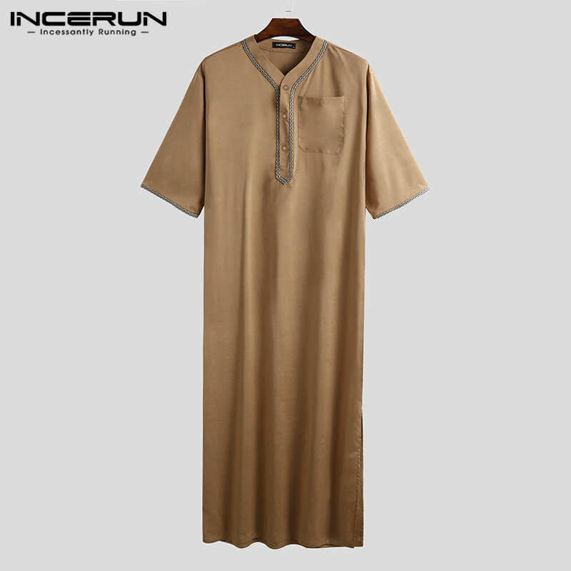 INCERUN mężczyźni Vintage pół rękawa muzułmańskie Kaftan szaty wypoczynek V Neck wydrukowano Jubba Thobe solidny Patchwork arabski ubrania Plus Size7