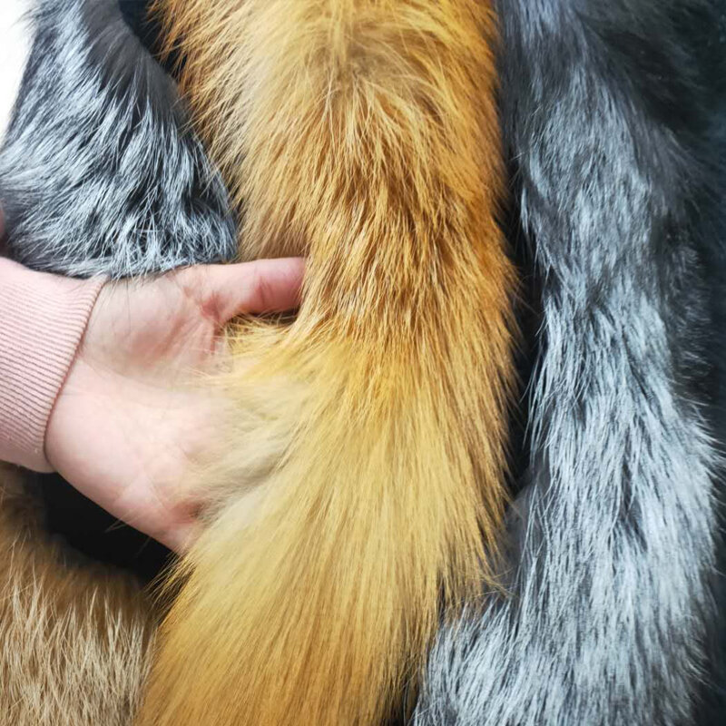 Casaco de pele de raposa natural, pele de raposa vermelha + pele de raposa preta, casaco feminino de pele completa importado