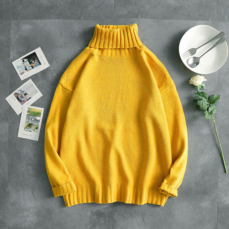 Однотонный свитер с высоким воротником для мужчин, Осень-зима, 9 цветов, пуловер, плотный офисный хлопковый свитер, СВОБОДНЫЙ Модный Универсальный женский пуловер