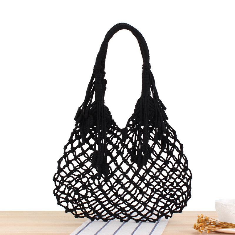 Плетеная Сумка через плечо с кисточками, 35x35 см, женская соломенная сумка в натуральном стиле, хлопковая веревка ручной работы, пляжная сумка, a7268