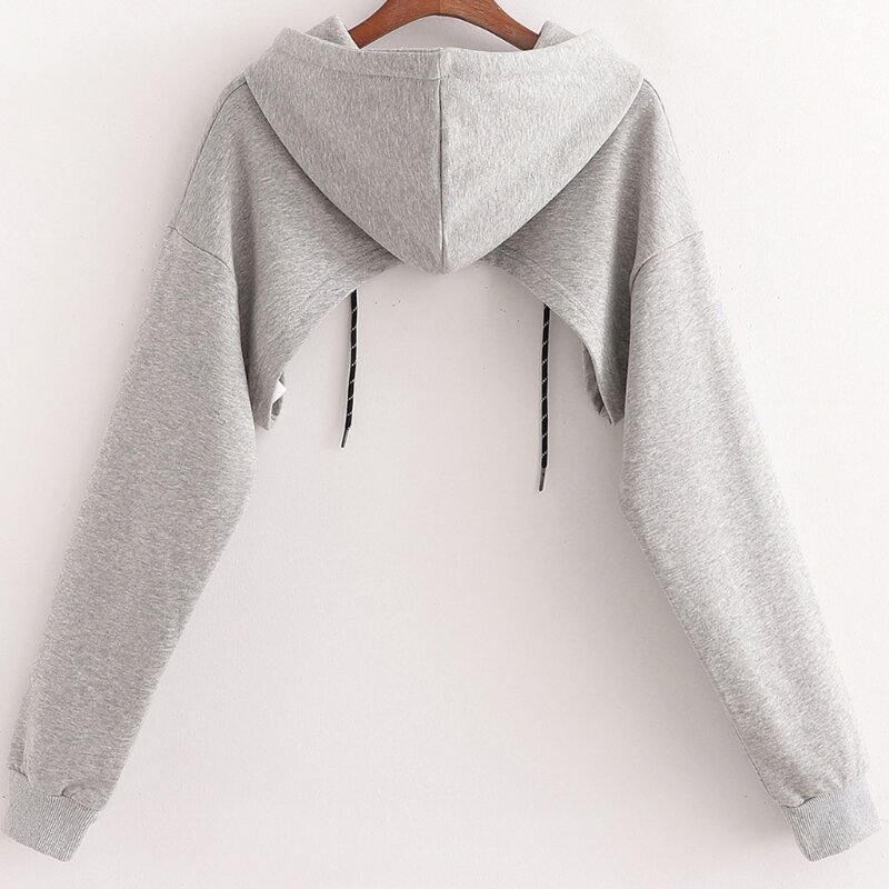 Women Solid Color Long Sleeve Drawstring Hoodies Sexy Cut Out Backless Super Short Sweatshirt Harajuku Pullover Crop Top