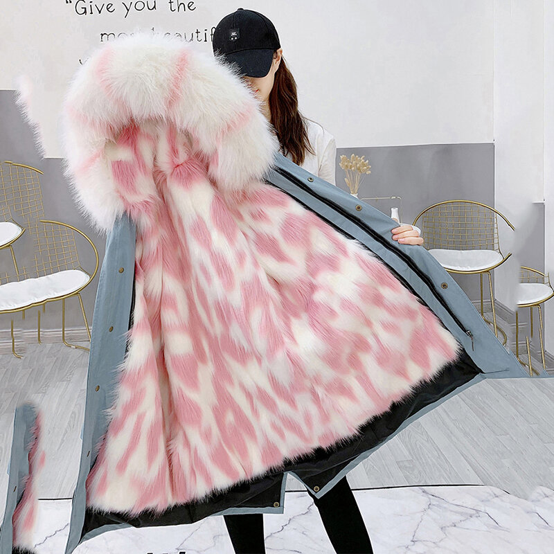 Nowy styl ciasto pokonuje 2023 jesienne długa zimowa kurtka kobiece futro z lisa ciepłe futro damskie luźne płaszcz z kapturem
