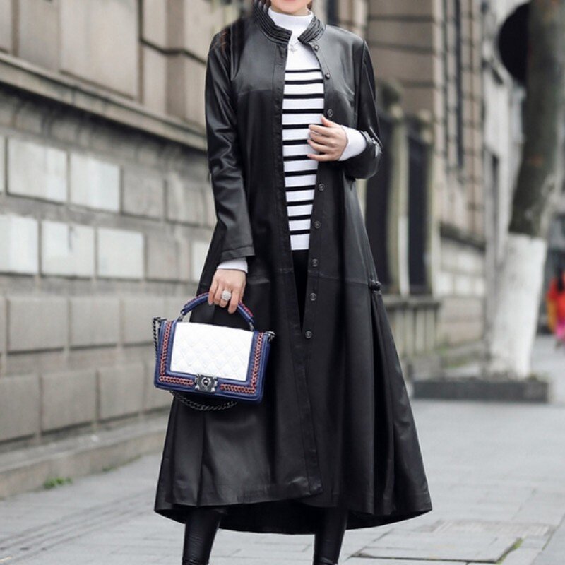 Alta qualidade nova vogue longo plutônio casaco de couro jaqueta couro feminino euro moda preto streetwear casaco feminino mais tamanho
